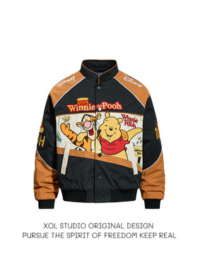 XOL 美式复古卡通维尼小熊刺绣拼接棉服男新款加厚保暖棒球服外套