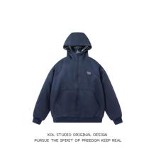 XOL 冬季新款加厚格纹拼接连帽棉衣男女宽松潮牌痞帅简约保暖棉袄