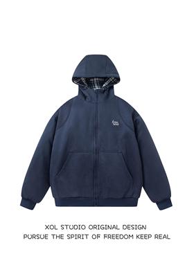 XOL 冬季新款加厚格纹拼接连帽棉衣男女宽松潮牌痞帅简约保暖棉袄