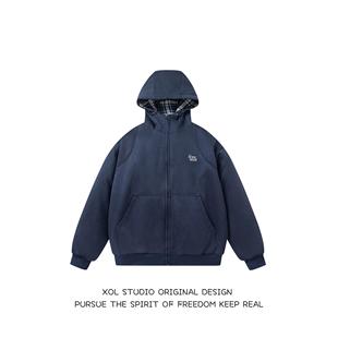 加厚格纹拼接连帽棉衣男女宽松潮牌痞帅简约保暖棉袄 新款 XOL 冬季