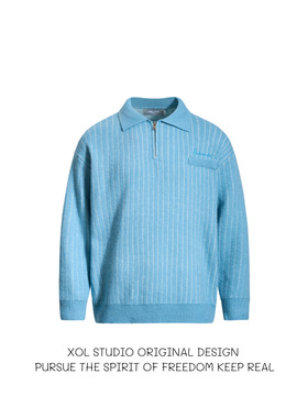 XOL 美式复古翻领竖条纹毛衣男宽松简约慵懒风情侣半拉链针织衫