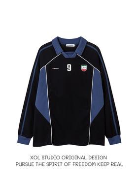 XOL 美式撞色设计感运动风翻领卫衣男女宽松街头痞帅潮牌加绒长袖