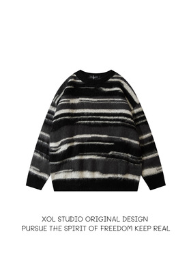XOL 美式马海毛条纹复古毛衣男秋冬慵懒风松弛氛围感情侣针织衫