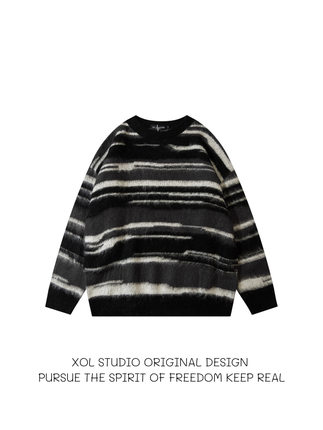 XOL 美式马海毛条纹复古毛衣男秋冬慵懒风松弛氛围感情侣针织衫