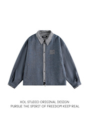 XOL 原创美式cleanfit千鸟格拼接哈灵顿夹克男设计感小众工装外套