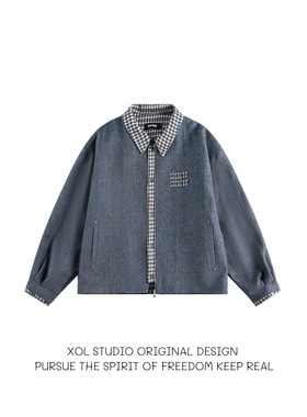 XOL 原创美式cleanfit千鸟格拼接哈灵顿夹克男设计感小众工装外套