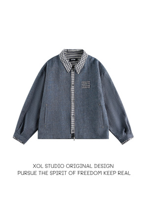 千鸟格拼接哈灵顿夹克