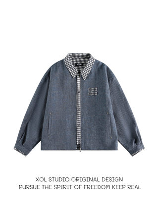 XOL 原创美式cleanfit千鸟格拼接哈灵顿夹克男设计感小众工装外套