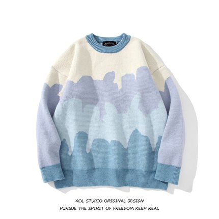 XOL 日系原宿风拼色毛衣男女宽松休闲慵懒风圆领套头情侣针织衫潮