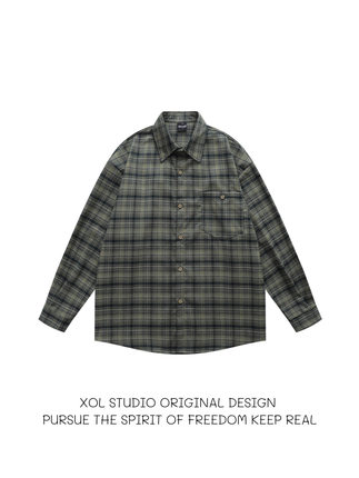 XOL 美式复古通勤磨毛格纹长袖衬衫男女宽松休闲百搭叠穿衬衣外套