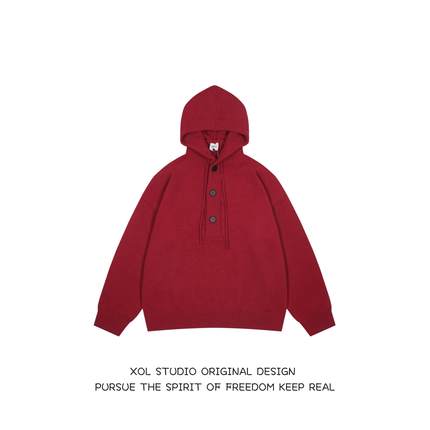 XOL 原创韩式慵懒风连帽毛衣男女宽松简约百搭情侣半开衫针织衫