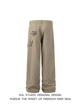 XOL 原创美式刺绣字母腰带绳伐木工装裤男宽松复古街头阔腿休闲裤