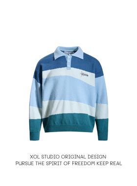 XOL 秋冬季韩版撞色拼接polo领毛衣男宽松休闲慵懒小众情侣针织衫