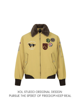XOL 美式复古刺绣徽章可拆卸毛领打猎装棉服外套男冬季飞行员夹克