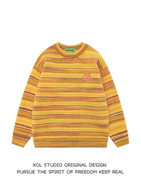 XOL 秋冬氛围感慵懒风条纹黄色毛衣男女宽松复古百搭软糯针织衫潮