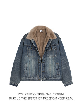 XOL 美式复古座山雕翻领水洗牛仔外套男女宽松cleanfit加绒夹克