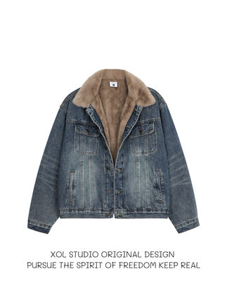 XOL 美式复古座山雕翻领水洗牛仔外套男女宽松cleanfit加绒夹克