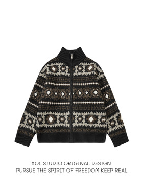 XOL 美式复古费尔岛提花针织开衫男女秋冬潮牌情侣保暖毛衣外套