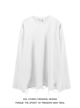 XOL 美式高街下摆破洞长袖T恤男女小众设计感炸街内搭叠穿打底衫