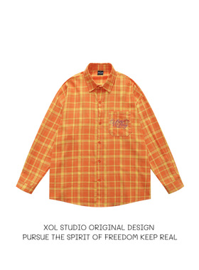 XOL 美式活力元气橙色格纹长袖衬衫男女宽松休闲慵懒chic衬衣外套