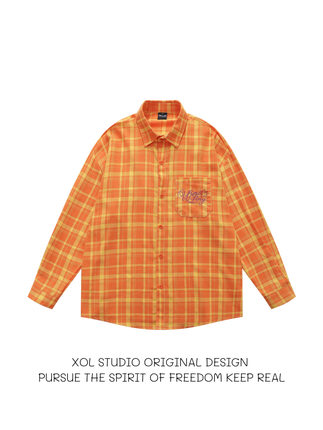 XOL 美式活力元气橙色格纹长袖衬衫男女宽松休闲慵懒chic衬衣外套
