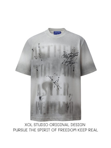 高街vintage涂鸦渐变泼墨短袖T恤