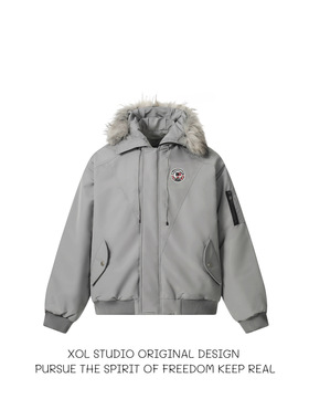 XOL 原创冬季美式复古冲锋派克服毛领棉服男宽松加厚保暖工装外套