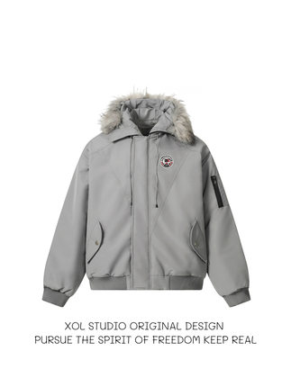 XOL 原创冬季美式复古冲锋派克服毛领棉服男宽松加厚保暖工装外套