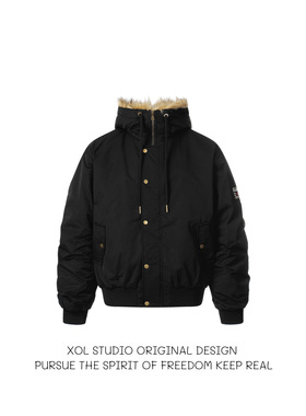 XOL 冬季豹纹毛领拼接派克棉服男女宽松加厚保暖防风连帽夹克外套