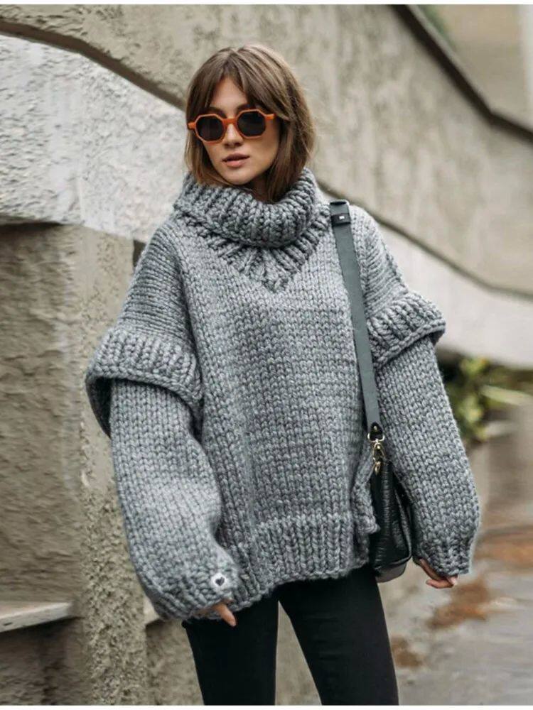 WARM TURTLENECK SLIT THICK SWEATER WOMEN CASUAL LONG-SLEEVED