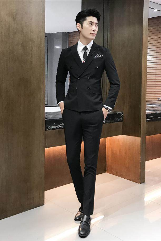 AUTUMN AND WINTER DOUBLE-BREASTED BRITISH STYLE SMALL SUIT MENS SET DECORATION BODY KOREAN VERSION CASUAL SUIT MENS GROOM WEDDING DRESS