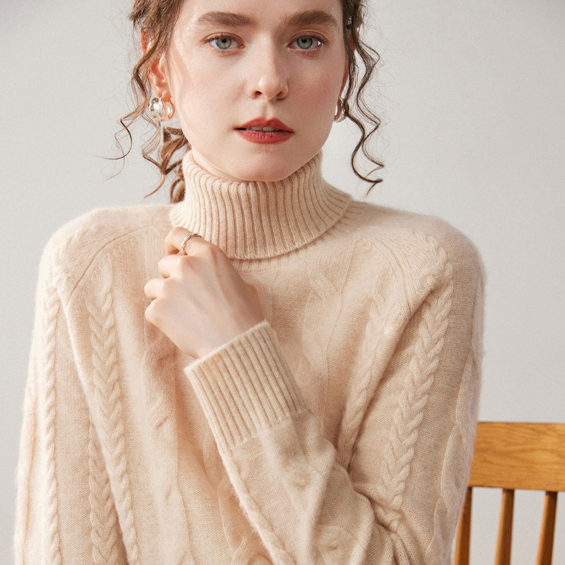 山羊绒衫女高翻领麻花纹针织女羊绒毛衣加厚保暖显瘦百搭套头羊绒