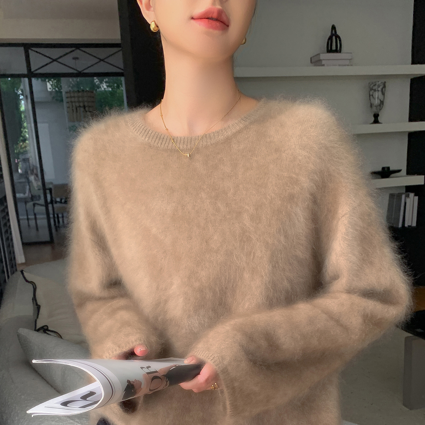 秋冬拉绒新款山羊绒女士圆羊绒衫