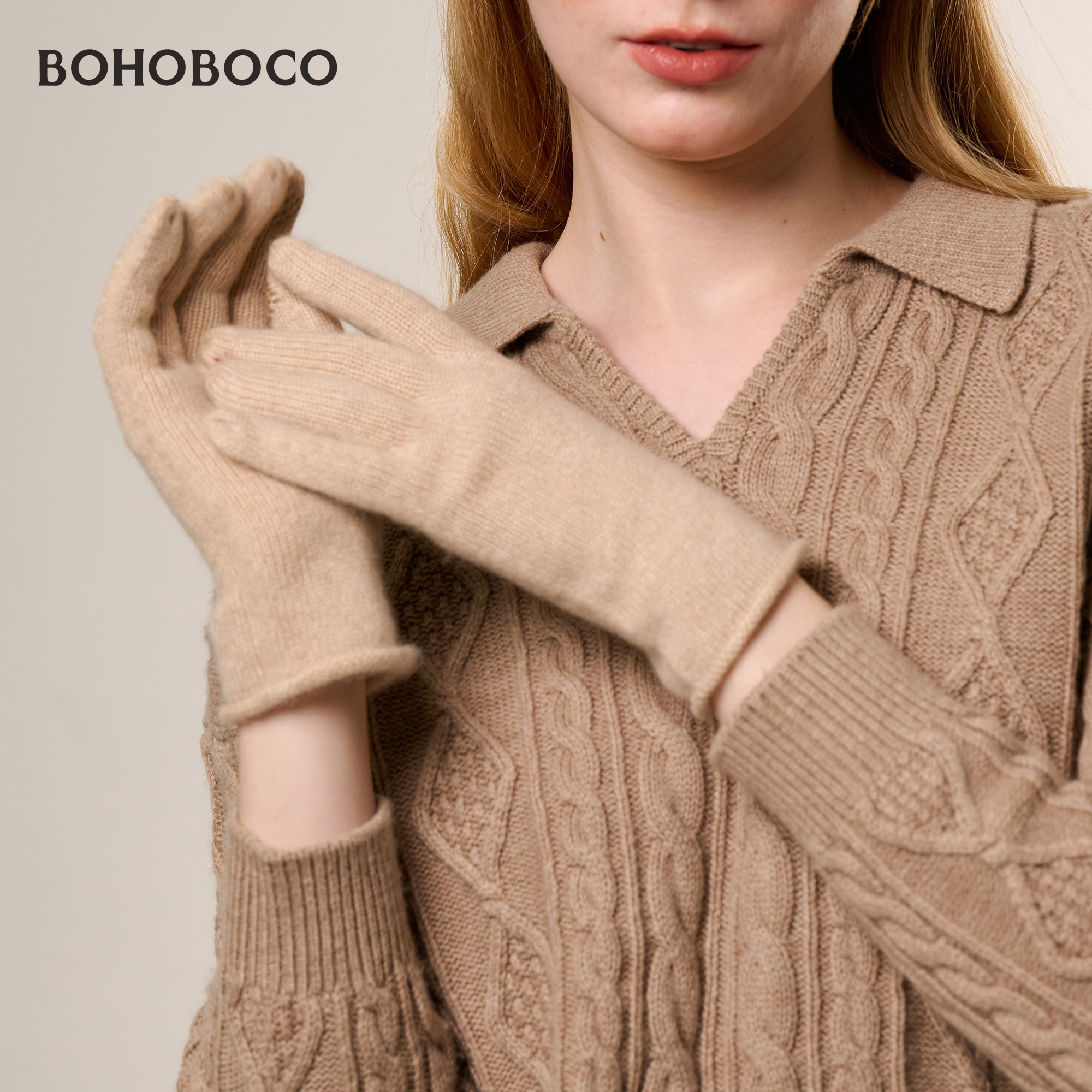 纯山羊绒卷边手套女秋冬季分指五指针织纯色保暖防寒可触屏送礼盒