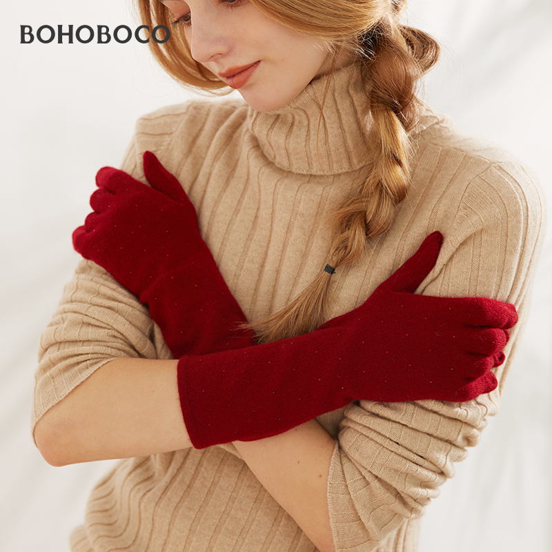 BOHOBOCO纯羊绒手套女冬季薄款保暖毛线烫钻分指针织长手套送礼盒