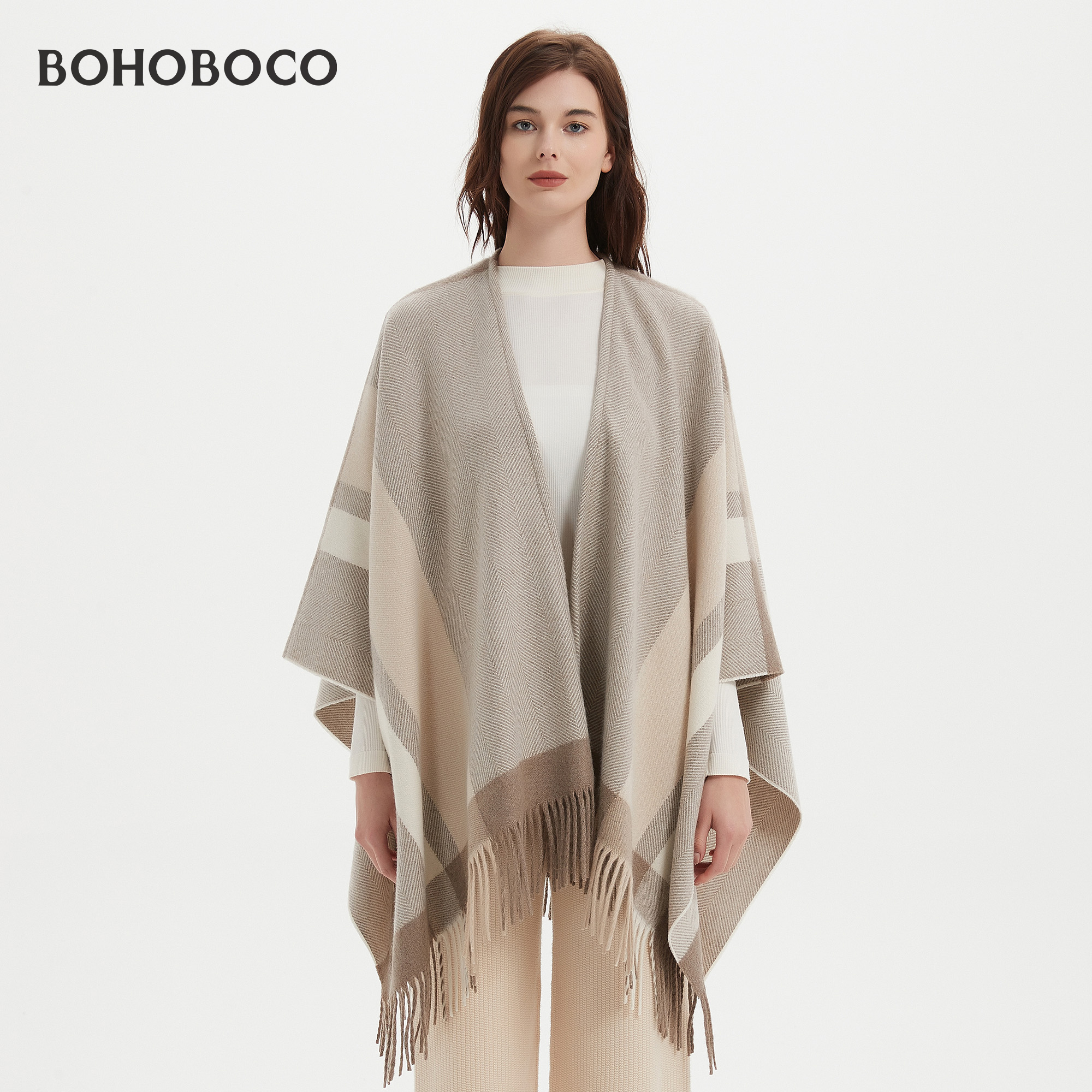 纯羊毛斗篷式披肩外搭女春秋冬厚款保暖围巾高级感外套流苏披风