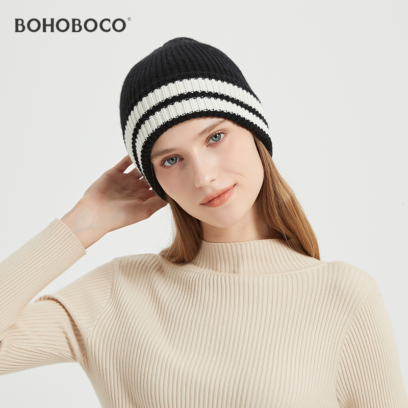 纯羊绒针织异色边保暖时尚翻边帽