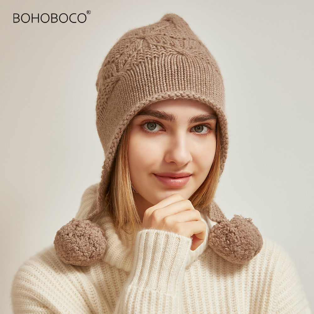 山羊绒毛球针织帽子保暖厚款