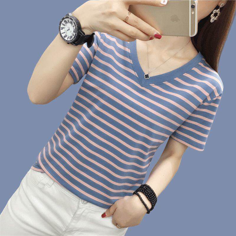mm女士显瘦t纯棉宽松正肩新款上衣夏装半袖妈妈胖条纹大码恤短袖