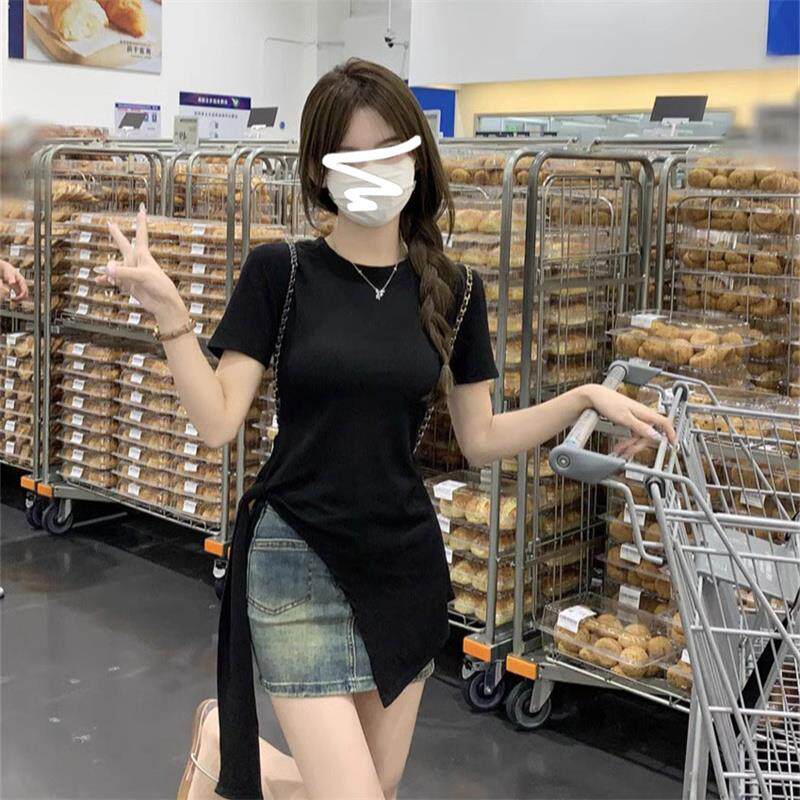 系带极简女不规则春季开叉2025上衣T恤新款中长款显瘦短袖潮修身