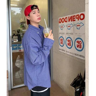 美式高级格子衬衫风衬衣跨境感痞帅学院蓝色潮流长袖复古外套男女