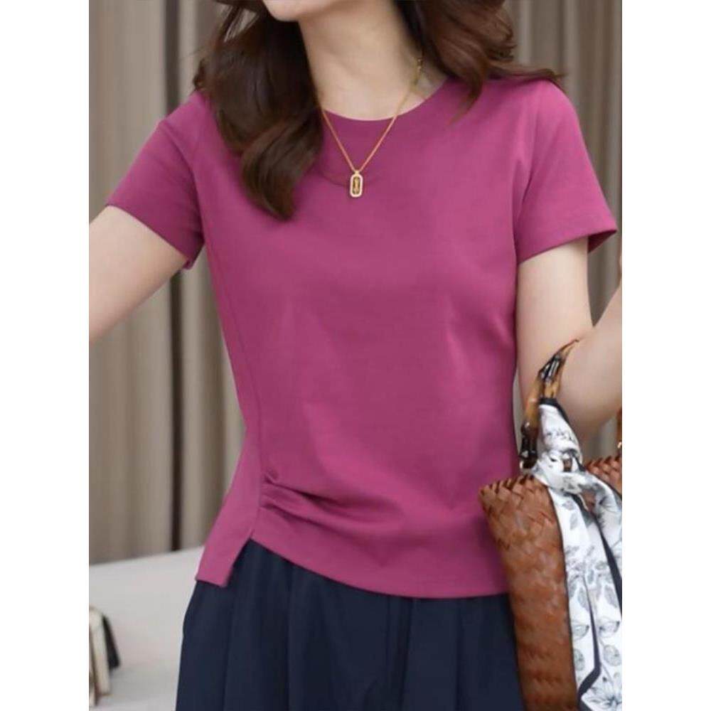 爆款上衣瘦大码半袖夏季不规则T恤遮肉显2026新款短袖抽褶正肩女