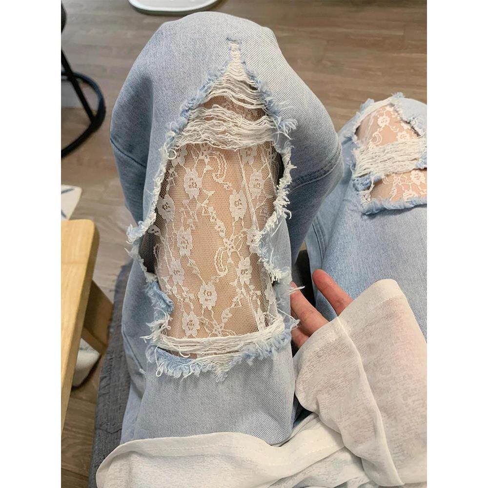遮宽松胖显瘦大码夏季牛仔裤阔腿裤高腰mm蕾丝蓝薄款胯女复古破洞