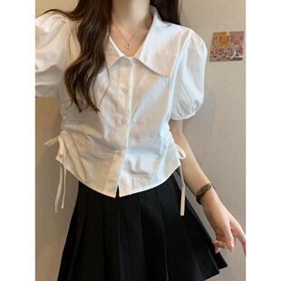 短款收腰女遮肚系带夏胖显瘦上衣泡泡设计感小众白色mm衬衫大码袖