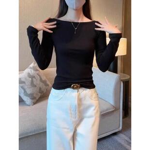 黑色一字肩长袖t恤女春2026新款大码胖mm修身显瘦百搭打底衫上衣