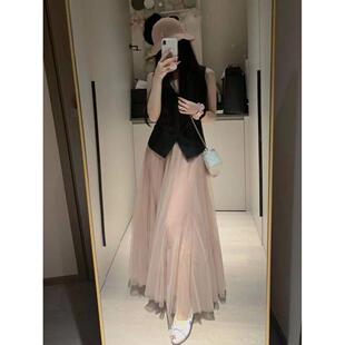 新款半身裙裙纱裙网纱仙粉色垂感女超2026高腰伞春秋字a中长款
