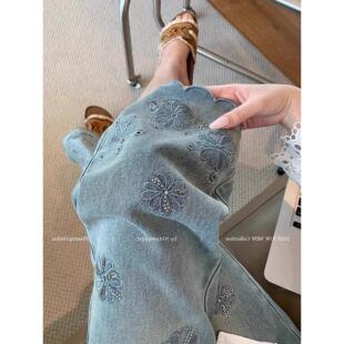 胖梨形mm蓝色春季大码花边高腰裤身材钻刺绣直筒烫牛仔裤九分女