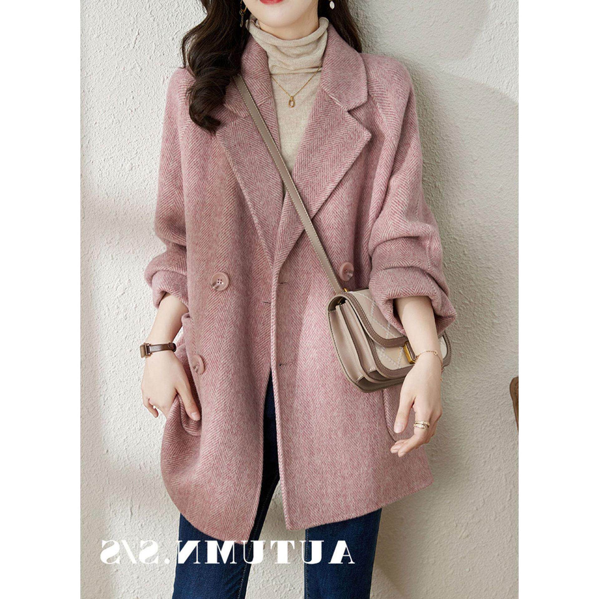 秋冬小个子领毛女休闲mm胖呢大衣粉色气质中长款西装2026大码外套