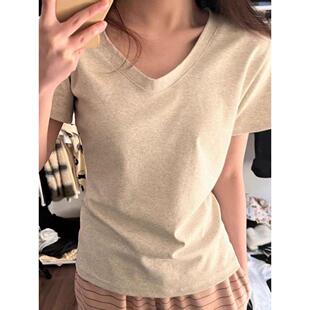 t上衣正肩搭百搭V领显瘦打底短袖 薄款 夏季 衫 春秋恤 内女灰色修身