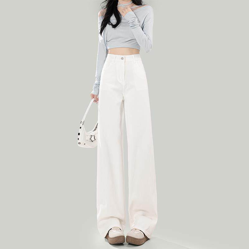女小个子宽松白色裤子牛仔裤阔腿年春夏直筒拖地高腰2025新款垂感